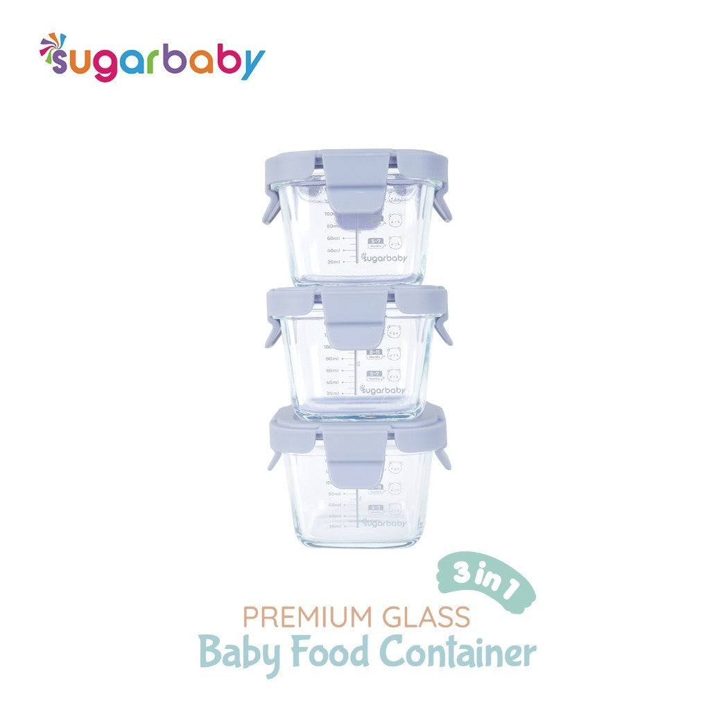 SugarBaby Premium Glass Jar Baby Food Container 3 pcs BPA FREE / Peralatan Makan Bayi MPASI / Wadah Mangkok Bayi Silicone Lid & Plastic Lid