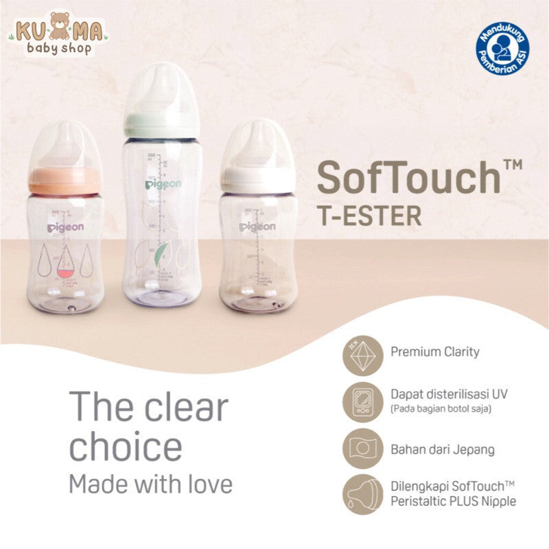 PIGEON Botol Softouch T-Ester Wide Neck Clear 200ml/300ML W/ P-Plus Nipple (BOTOL SUSU PIGEON) / Wide neck / perlengkapan menyusui anak bayi / Softouch / PPSU /botol susu kaca jernih / sinar uv