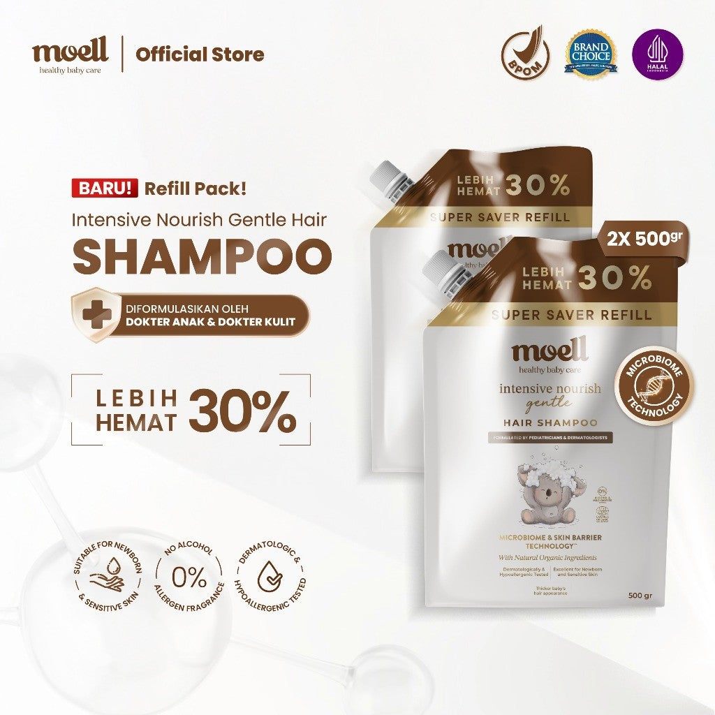 Moell Gentle Shampoo Kemasan Refill 500gr- Sampo Bayi Anak Dengan Calendula Oil - Kulit Kepala Sensitif & Iritasi - Tanpa SLS & Alkohol - Tidak Perih Di Mata - Menumbuhkan & Melebatkan Rambut - Skincare Bayi Newborn - Skincare Anak Formulasi Dokter