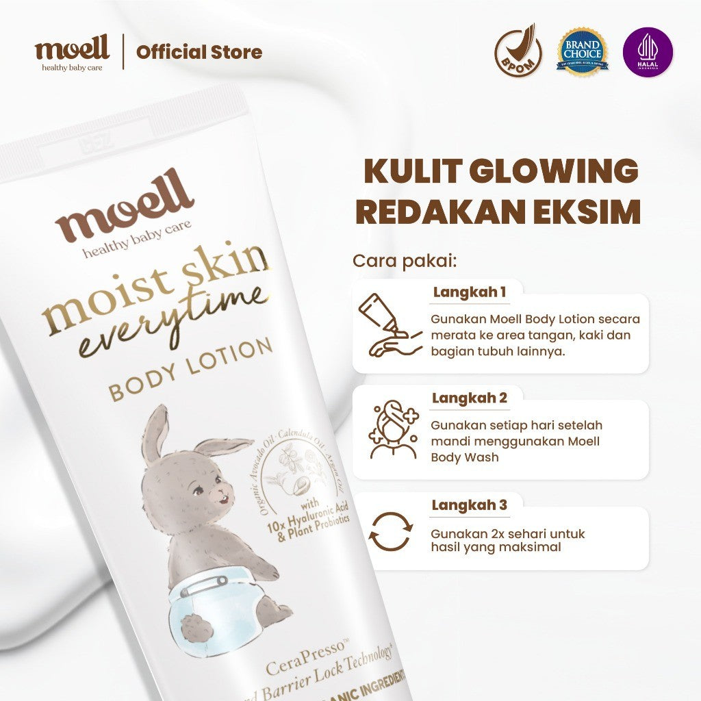 Moell Body Lotion Bayi Travel Size 80gr - Melembapkan Kulit Badan Anak - Perawatan Kulit Kering dan Sensitif - Pelembap Bayi Anak Daily Use - Sensitif Kering Ruam - Skincare Bayi Formulasi Dokter dengan Microbiome Teknologi - Skincare Anak