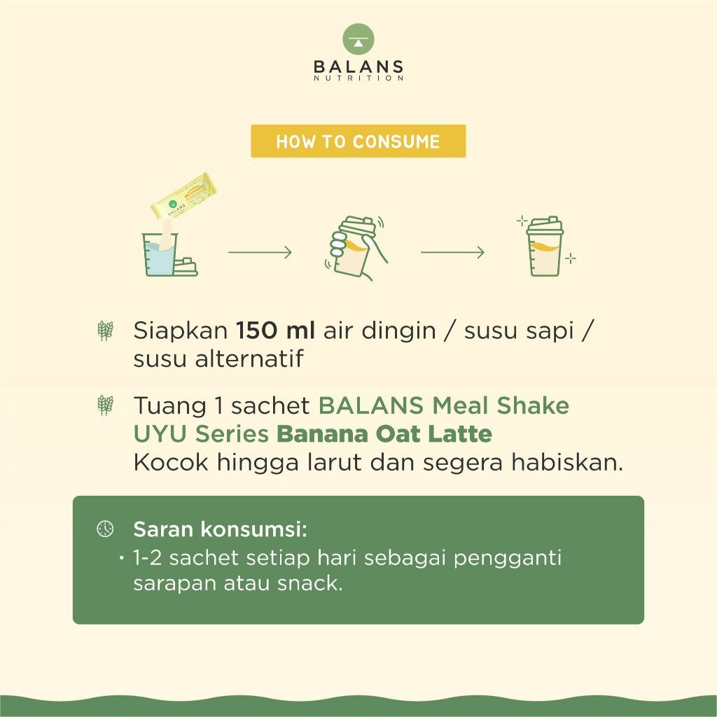BALANS Meal Shake UYU Series | Banana Oat Latte | Susu Protein & Tinggi Kalsium Rendah Kalori | 12s