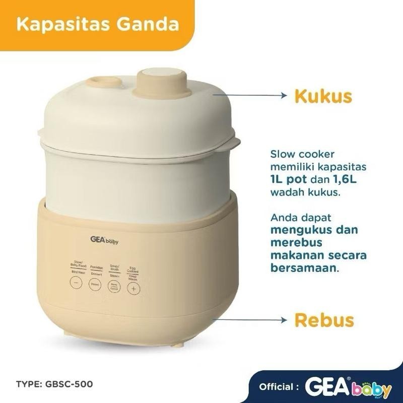 GEA Baby Compact Slow Cooker GBSC-500 Slowcooker Kukusan Steam Alat Masak MPASI Bayi Makanan Pendamping Asi Sup Kaldu Sop Broth Kado Hadiah Bayi Gift Baby Melahirkan Pengolah Makanan Anak Dewasa Orangtua