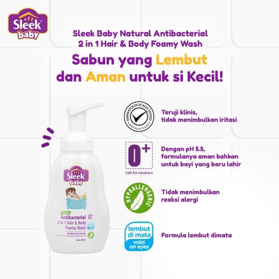 Sleek Baby Antibacterial 2 in 1 Hair & Body Foamy Wash Pouch 250ml
