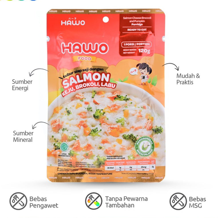 Hawo Food - Bubur Siap Saji Dengan Salmon, Keju, Brokoli, Labu 120 gr
