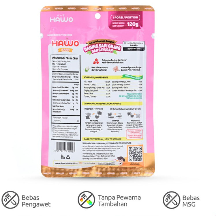 Hawo Food - Bubur Siap Saji Dengan Daging Sapi Giling & Sayuran 120 gr