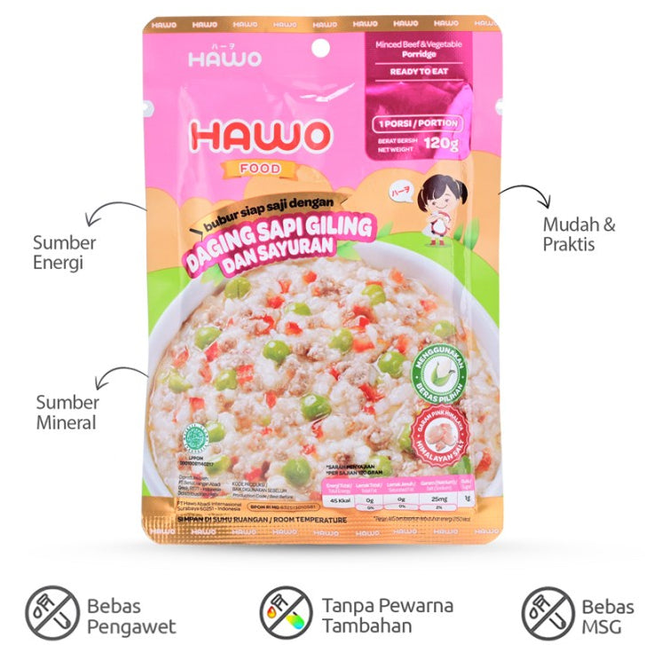 Hawo Food - Bubur Siap Saji Dengan Daging Sapi Giling & Sayuran 120 gr