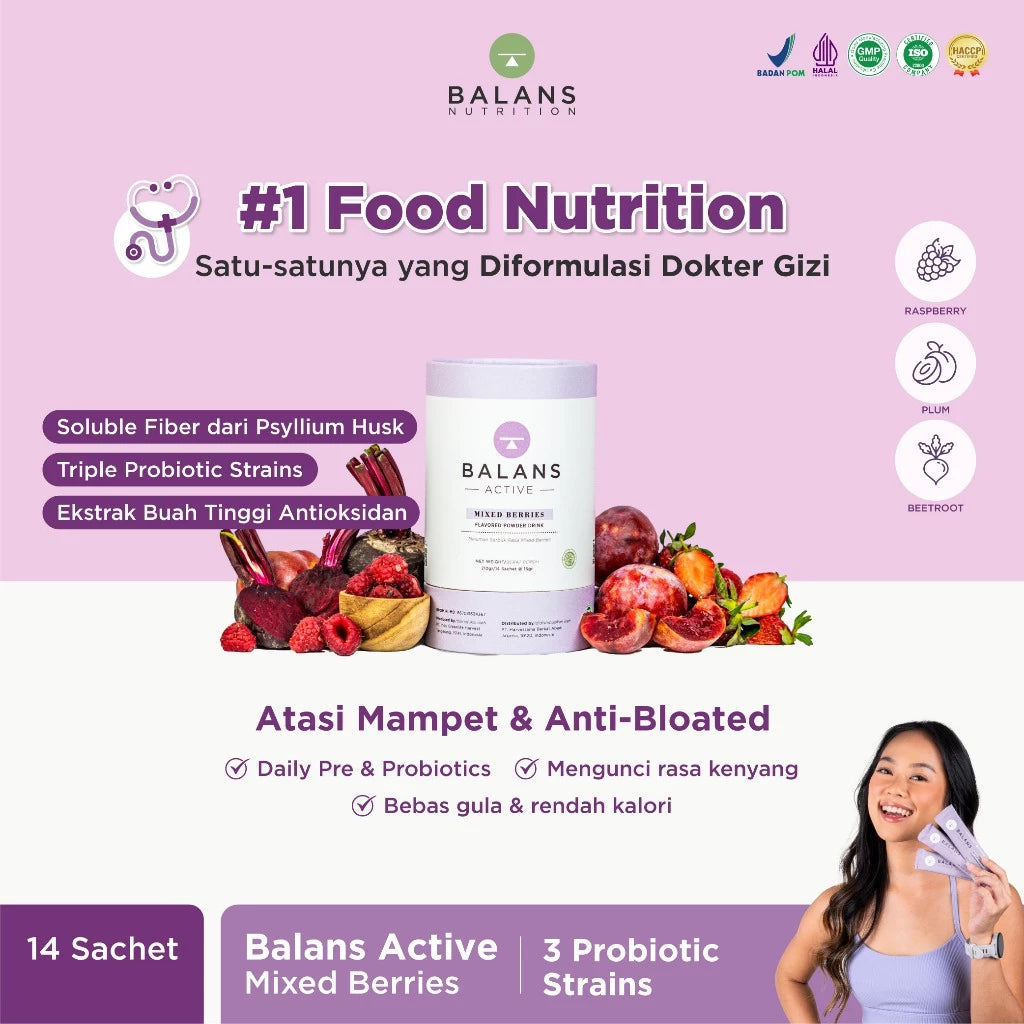 Balans Tube Recharge, Active & Lite Fiber & Probiotic Drink 1 Box Isi 14 Sachet