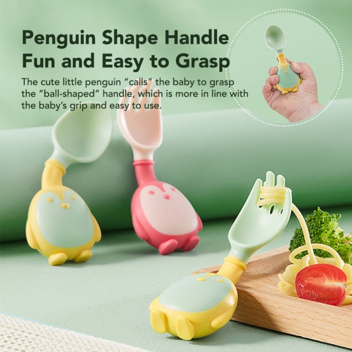 SAKUMINI PENGUIN LEARNING SPOON FORK FLEXIBLE SENDOK GARPU MAKAN BAYI