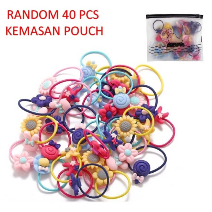 Ikat Rambut Elastis Anak Motif Lucu Imut Isi 40 Kunciran Rambut Pouch