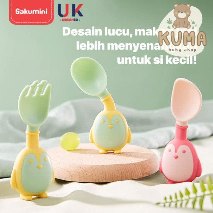 SAKUMINI PENGUIN LEARNING SPOON FORK FLEXIBLE SENDOK GARPU MAKAN BAYI