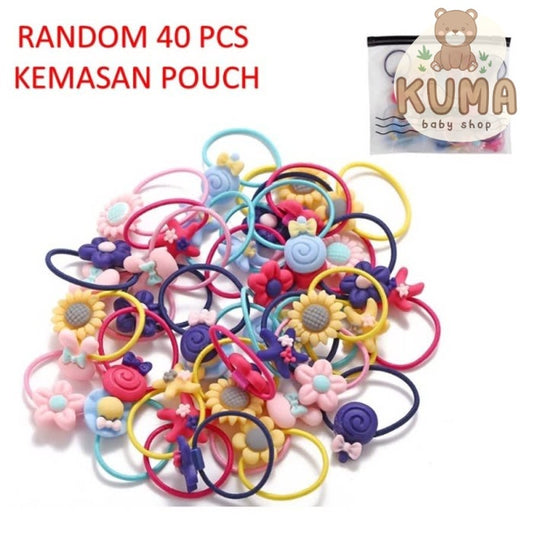 Ikat Rambut Elastis Anak Motif Lucu Imut Isi 40 Kunciran Rambut Pouch