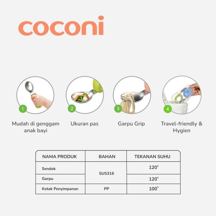 COCONI Eazy Grip Fork & Spoon Set | Sendok Garpu Makan Anak MPASI