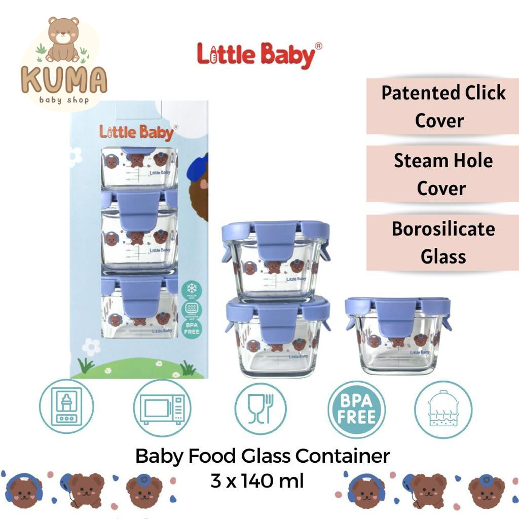 Little Baby - Tempat Makan Kaca Set Kedap Udara | Wadah Mpasi Kaca | Baby Food Kontainer | Kontainer Mpasi Kaca |  Glass Food Container Borosilicate Glass Container Set 3 pcs 140mL