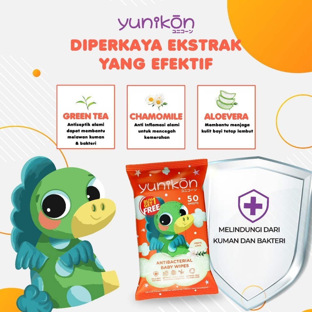 Yunikon Antibacterial Baby Wipes Peach BUY 1 GET 1 FREE [50 Sheets x 2 Pcs] Tisu Basah Bayi