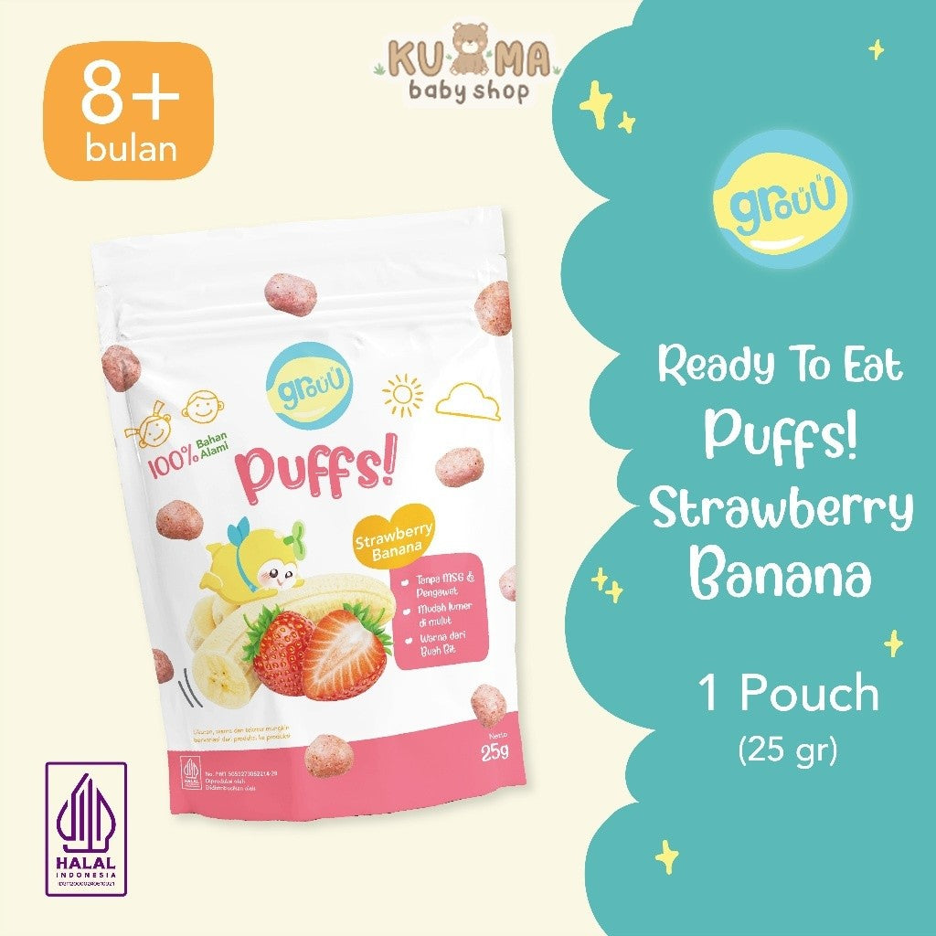 Grouu - Puffs! Strawberry Banana/Tomato Herbs 150gr - Camilan MPASI - Snack Sehat - NO MSG - Snack Bayi - Cemilan Biskuit Bayi Grouu
