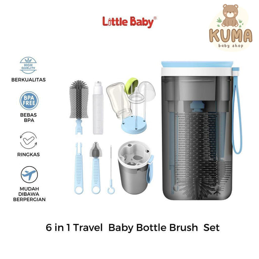 Little Baby Travel Baby Bottol  6 in 1 Set | Sikat Botol Silikon Travel | Rak Pengering  Portabel Multifungsi | Pembersih Susu Portabel | Pembersih Dot/ Sedotan Portabel | Tempat Sabun Botol Portabel