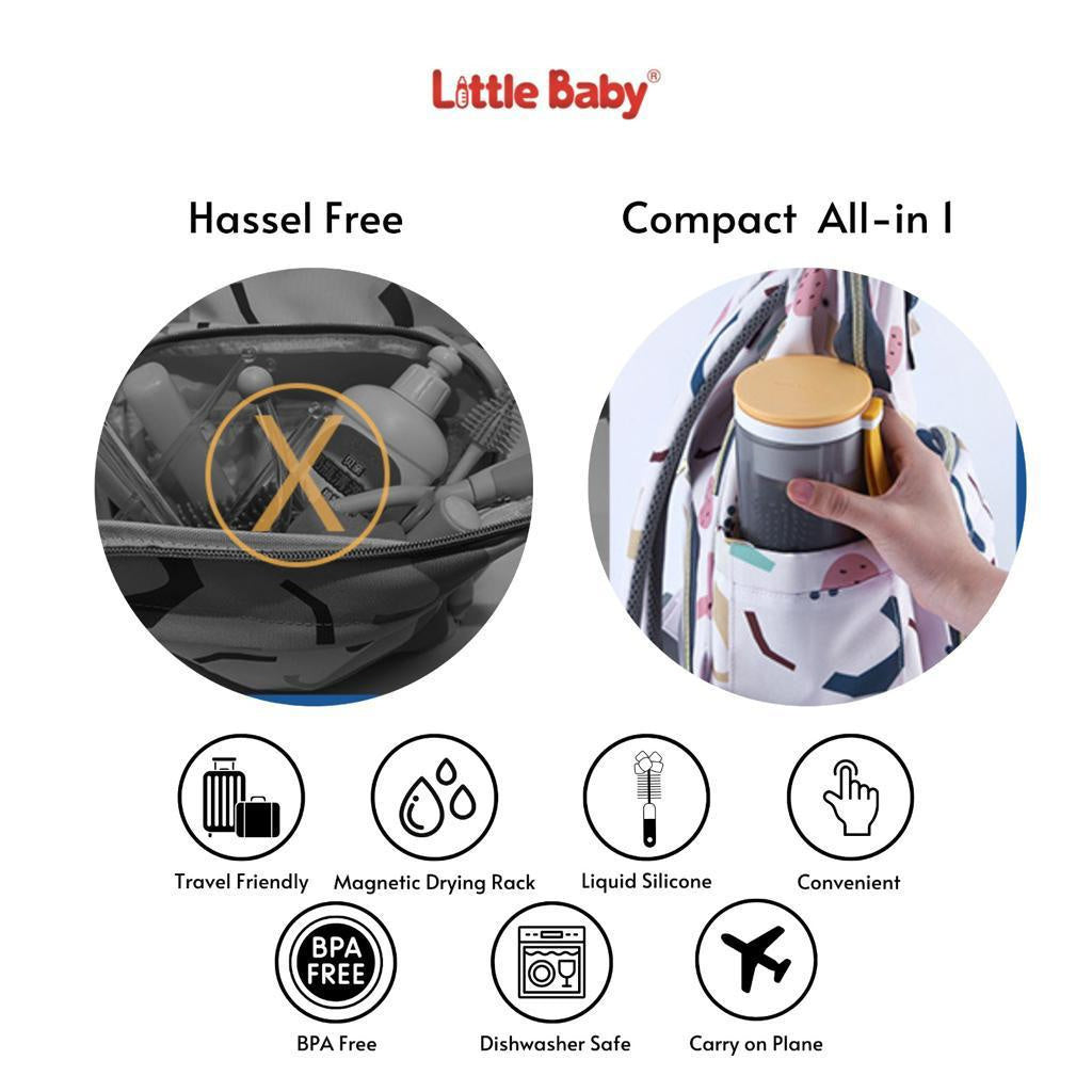 Little Baby Travel Baby Bottol  6 in 1 Set | Sikat Botol Silikon Travel | Rak Pengering  Portabel Multifungsi | Pembersih Susu Portabel | Pembersih Dot/ Sedotan Portabel | Tempat Sabun Botol Portabel