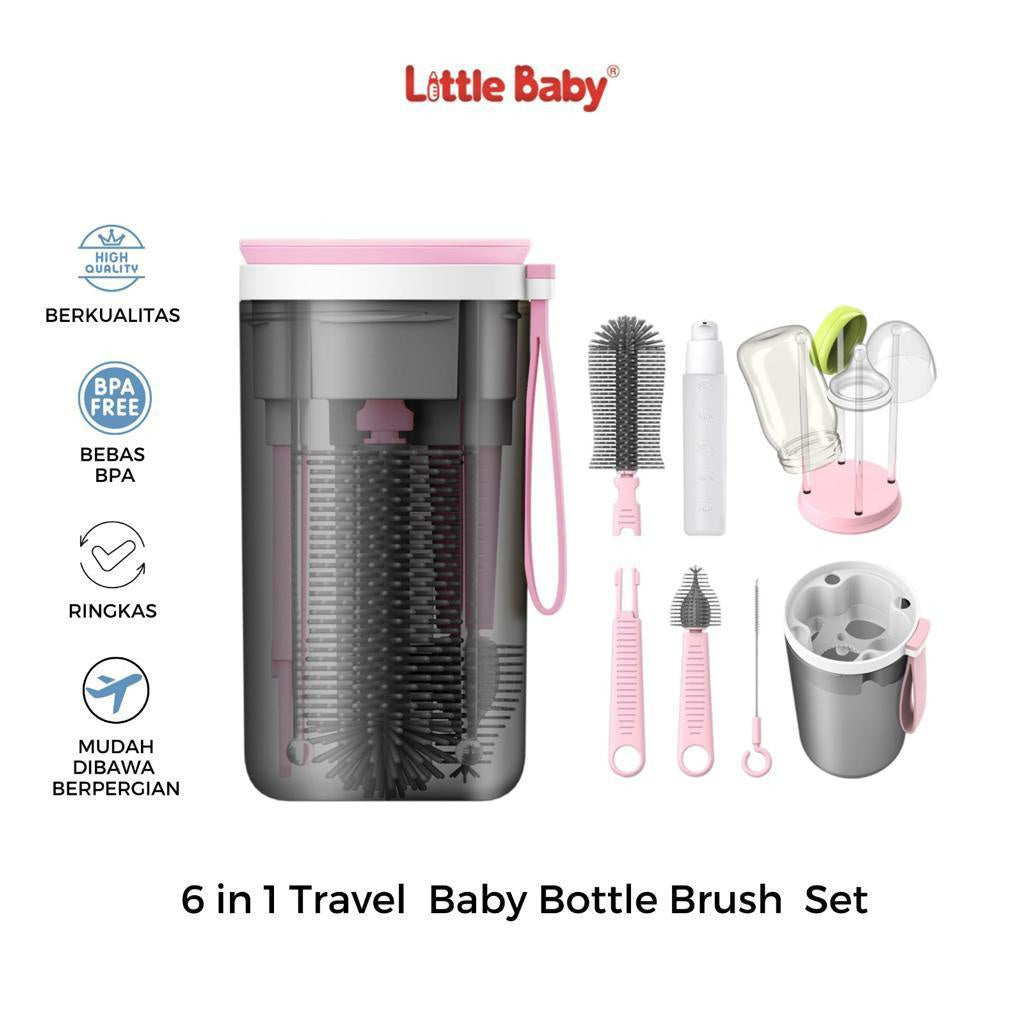 Little Baby Travel Baby Bottol  6 in 1 Set | Sikat Botol Silikon Travel | Rak Pengering  Portabel Multifungsi | Pembersih Susu Portabel | Pembersih Dot/ Sedotan Portabel | Tempat Sabun Botol Portabel