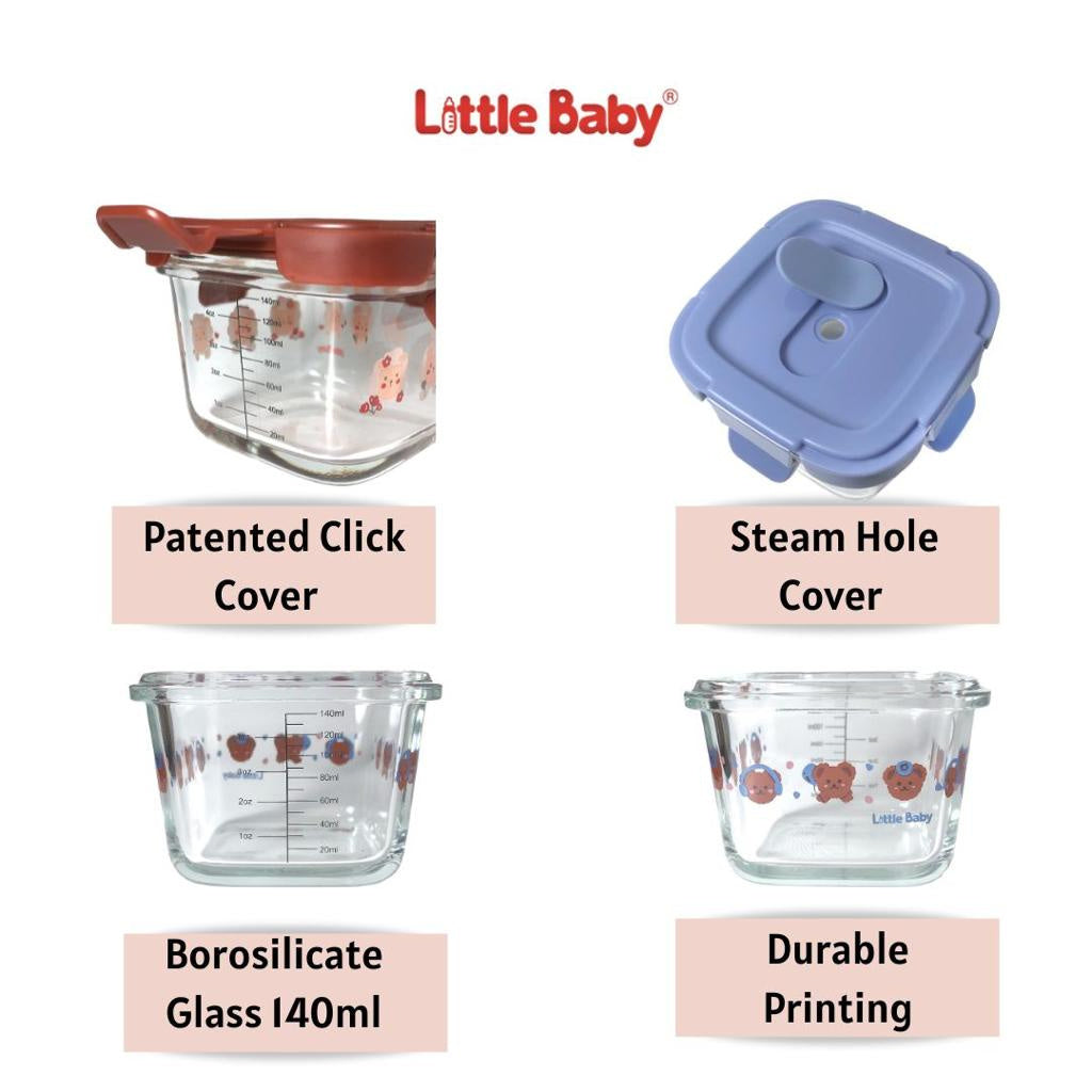 Little Baby - Tempat Makan Kaca Set Kedap Udara | Wadah Mpasi Kaca | Baby Food Kontainer | Kontainer Mpasi Kaca |  Glass Food Container Borosilicate Glass Container Set 3 pcs 140mL