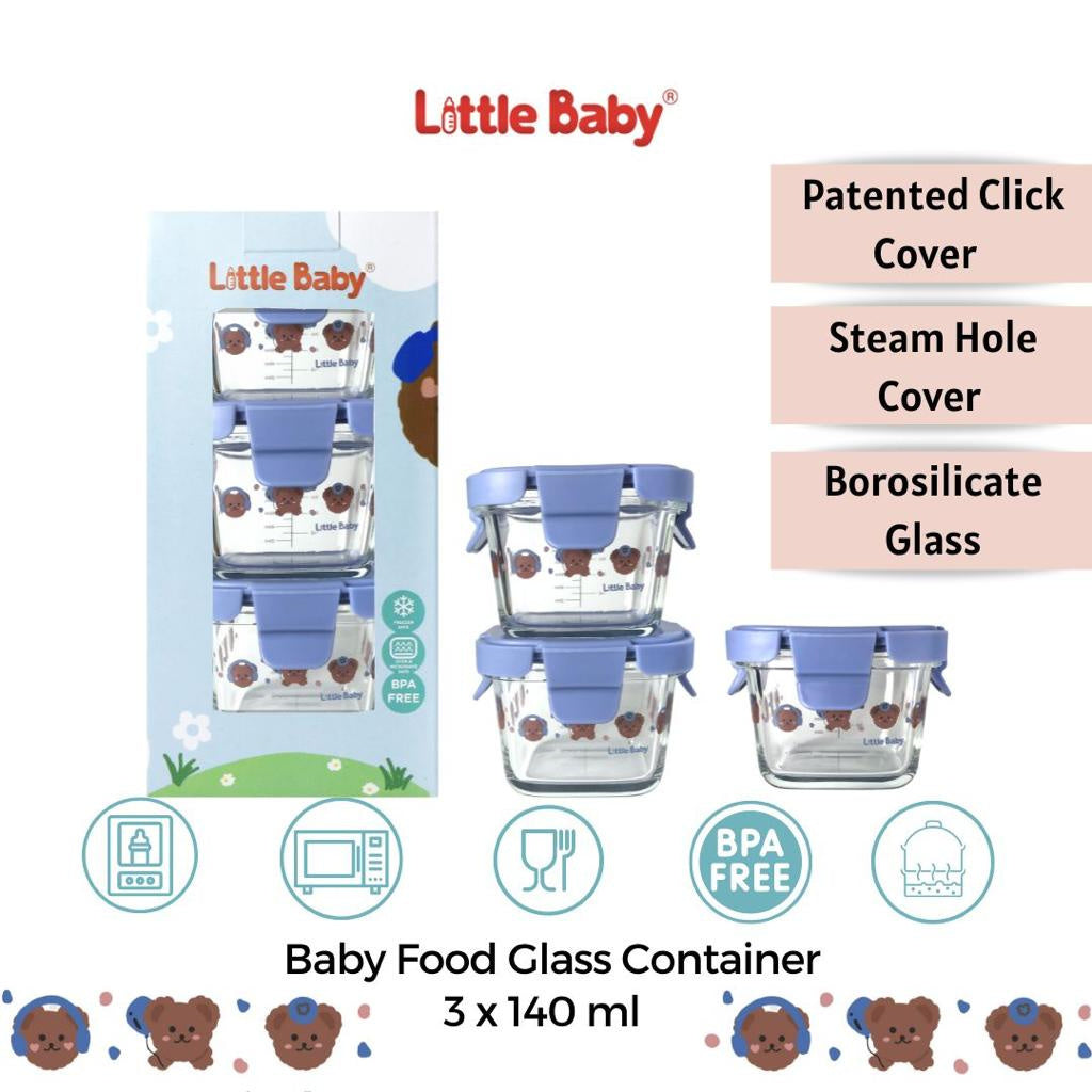 Little Baby - Tempat Makan Kaca Set Kedap Udara | Wadah Mpasi Kaca | Baby Food Kontainer | Kontainer Mpasi Kaca |  Glass Food Container Borosilicate Glass Container Set 3 pcs 140mL