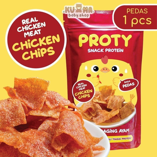 PROTY Chicken Chips Pedas SPICY Snack Cemilan Keripik Daging Ayam Krispi - 18 gr