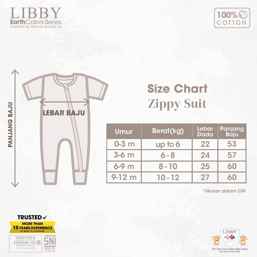 LIBBY Zippy Suit Lengan Pendek Bayi Laki-laki & Perempuan 0-12bln (1 Pcs / Pack) - Sleep Suit Playsuit Jump Suit Romper Bayi