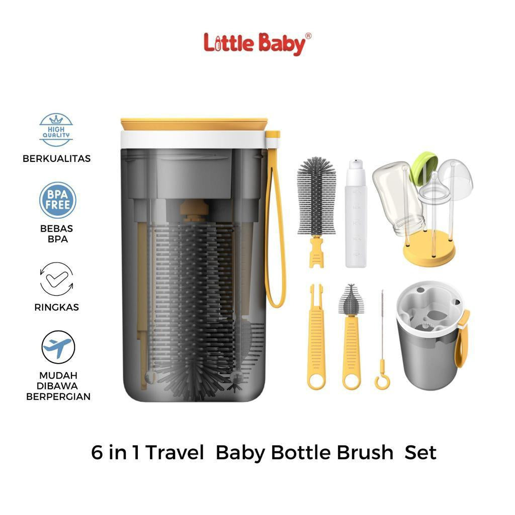 Little Baby Travel Baby Bottol  6 in 1 Set | Sikat Botol Silikon Travel | Rak Pengering  Portabel Multifungsi | Pembersih Susu Portabel | Pembersih Dot/ Sedotan Portabel | Tempat Sabun Botol Portabel