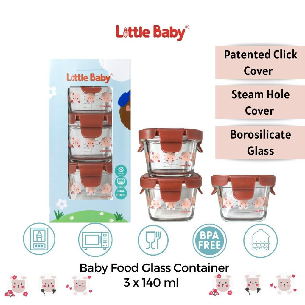 Little Baby - Tempat Makan Kaca Set Kedap Udara | Wadah Mpasi Kaca | Baby Food Kontainer | Kontainer Mpasi Kaca |  Glass Food Container Borosilicate Glass Container Set 3 pcs 140mL