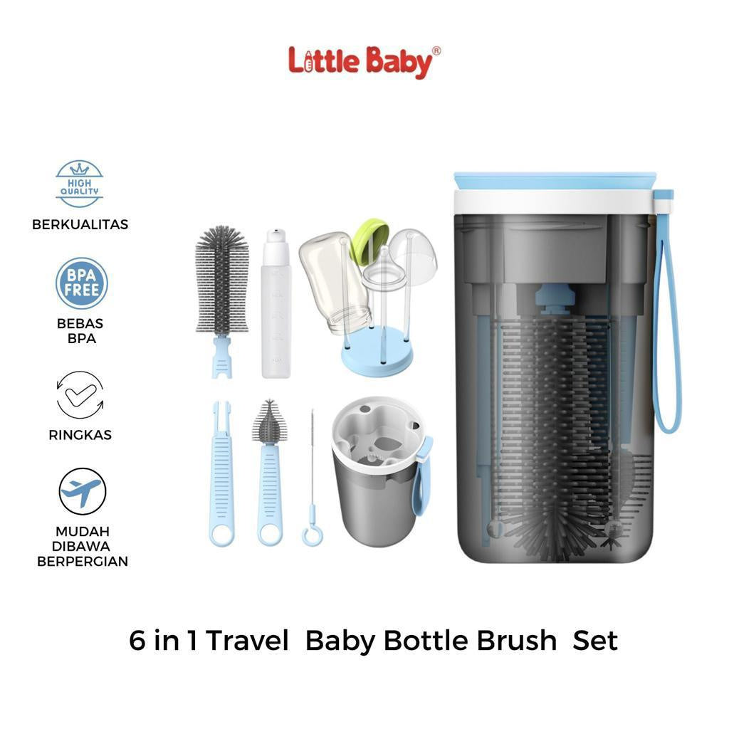 Little Baby Travel Baby Bottol  6 in 1 Set | Sikat Botol Silikon Travel | Rak Pengering  Portabel Multifungsi | Pembersih Susu Portabel | Pembersih Dot/ Sedotan Portabel | Tempat Sabun Botol Portabel