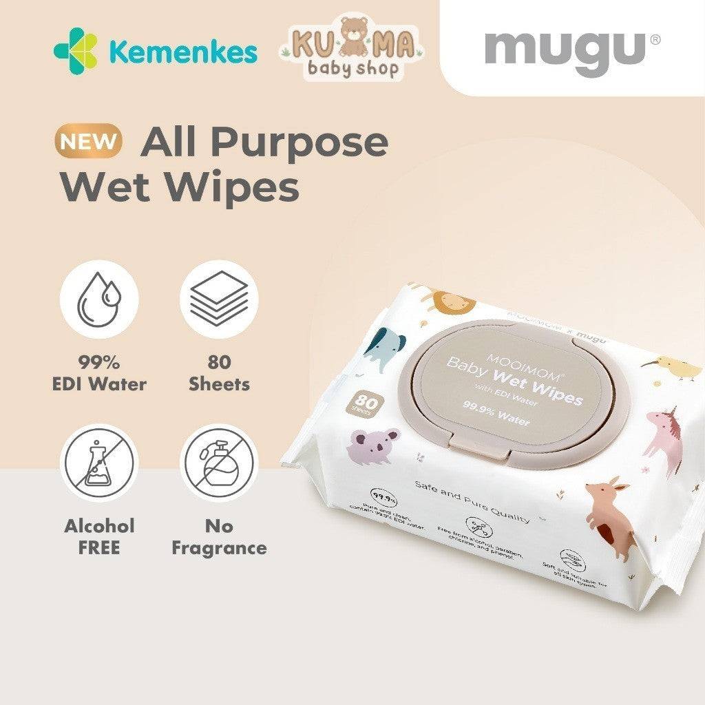 MOOIMOM X Mugu Baby Wet Wipes EDI Water 80 Sheets I Tisu Basah Travel Friendly I Non Alcohol Tanpa Parfume