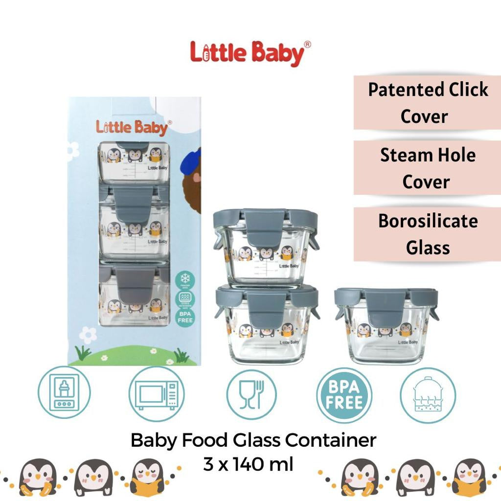Little Baby - Tempat Makan Kaca Set Kedap Udara | Wadah Mpasi Kaca | Baby Food Kontainer | Kontainer Mpasi Kaca |  Glass Food Container Borosilicate Glass Container Set 3 pcs 140mL