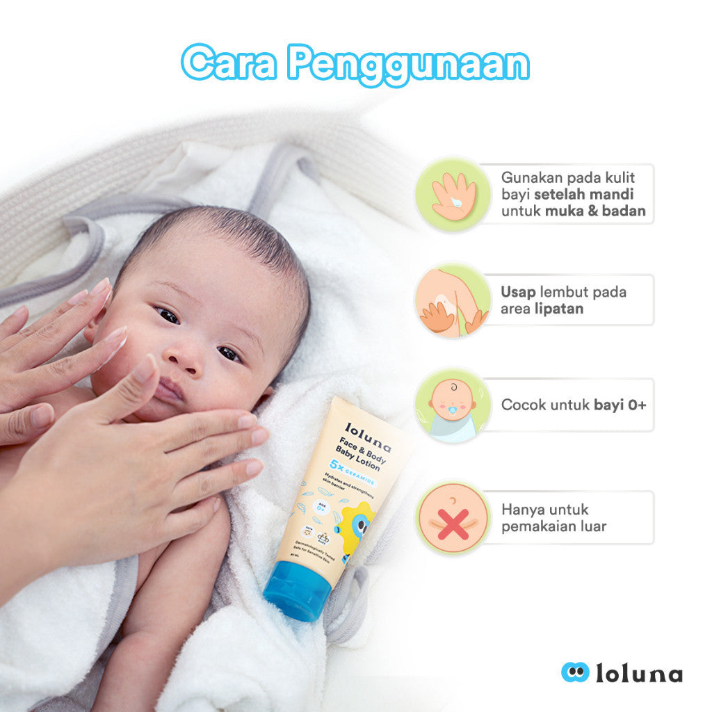 Loluna Face & Body Baby Lotion- Lotion Krim Muka dan Badan Bayi dan Anak / Krim untuk Newborn / 5x Ceramide