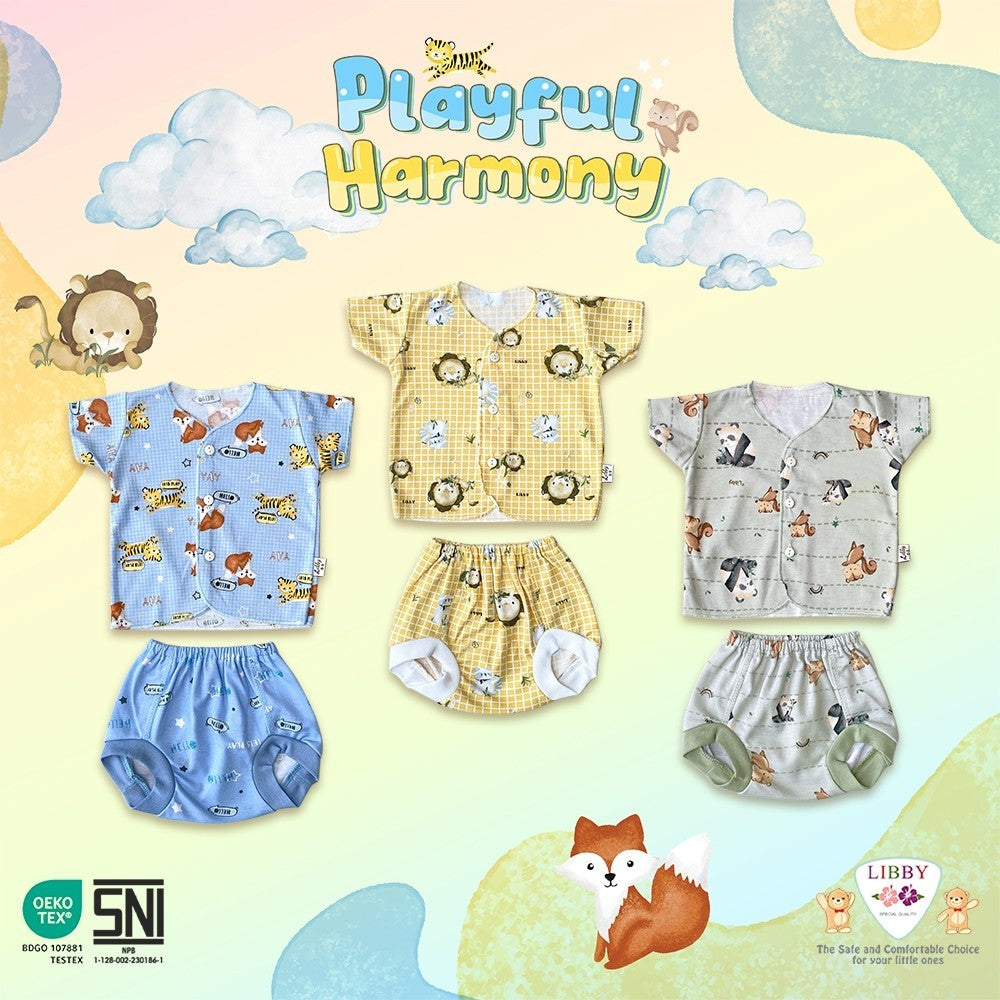 LIBBY Setelan Piyama Baju Kancing Newborn Laki Laki Perempuan Unisex Motif Playful Harmony (1 Stel)
