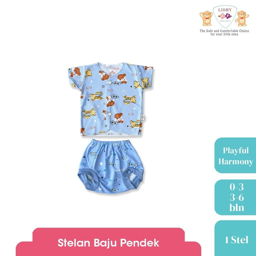 LIBBY Setelan Piyama Baju Kancing Newborn Laki Laki Perempuan Unisex Motif Playful Harmony (1 Stel)