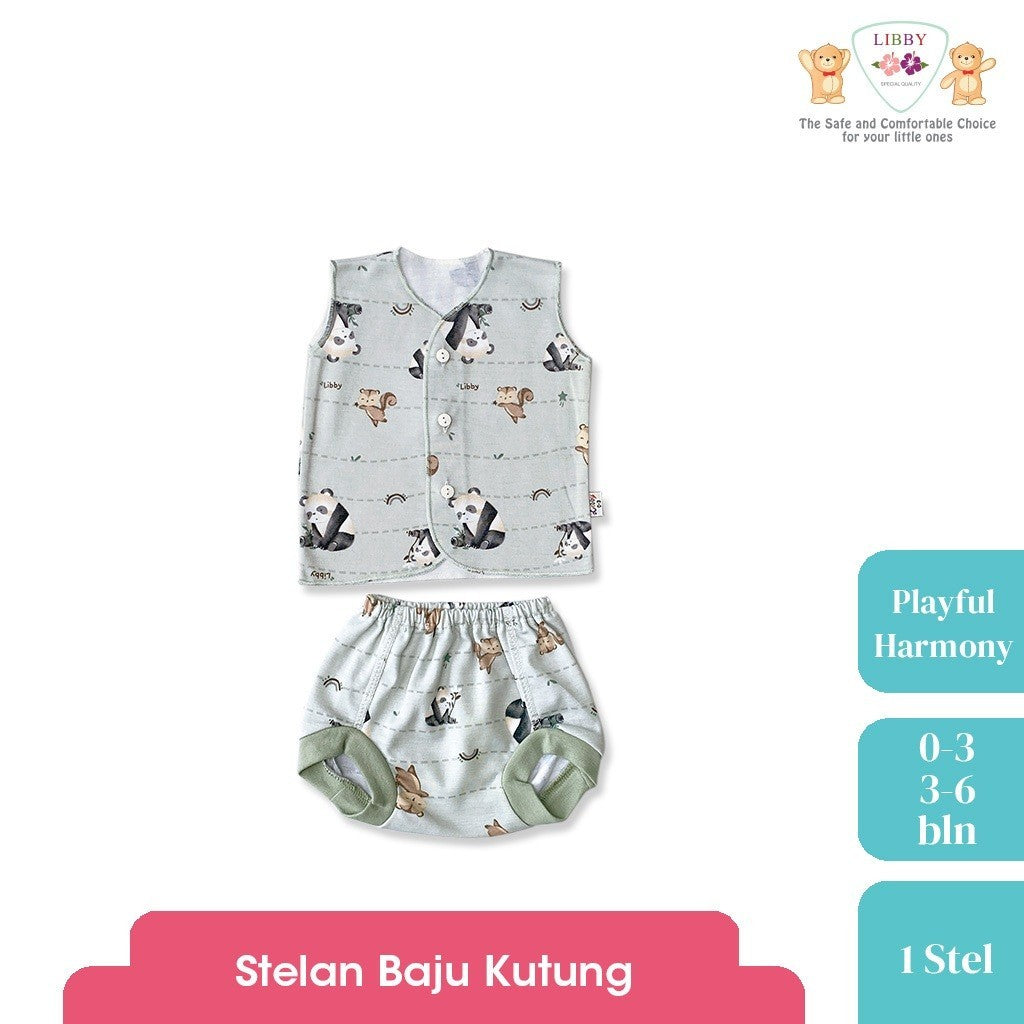 LIBBY Setelan Piyama Baju Kancing Newborn Laki Laki Perempuan Unisex Motif Playful Harmony (1 Stel)