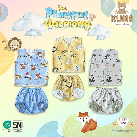 LIBBY Setelan Piyama Baju Kancing Newborn Laki Laki Perempuan Unisex Motif Playful Harmony (1 Stel)