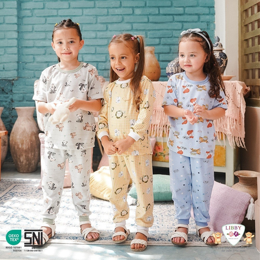 LIBBY Setelan Piyama Baju Kancing Newborn Laki Laki Perempuan Unisex Motif Playful Harmony (1 Stel)