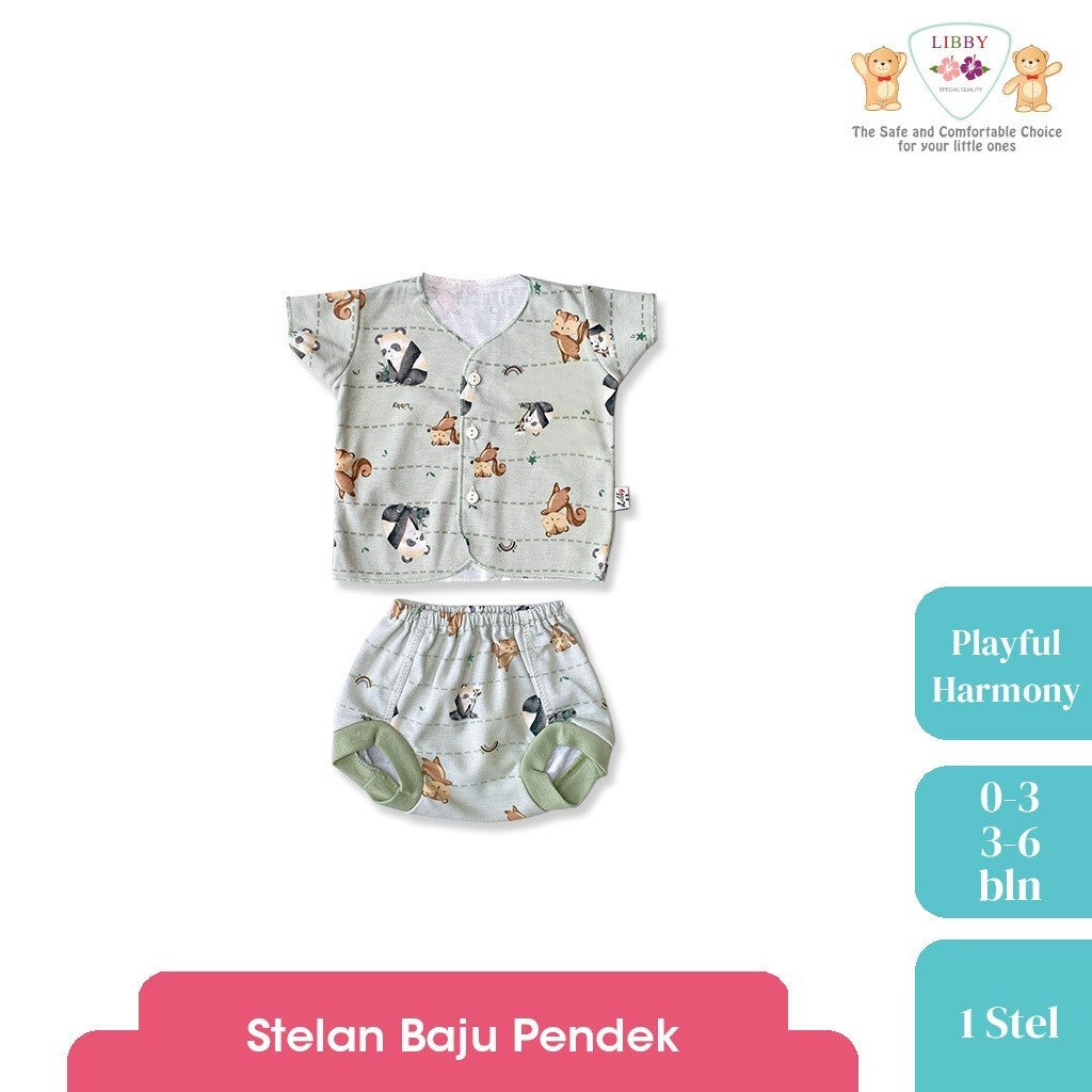 LIBBY Setelan Piyama Baju Kancing Newborn Laki Laki Perempuan Unisex Motif Playful Harmony (1 Stel)