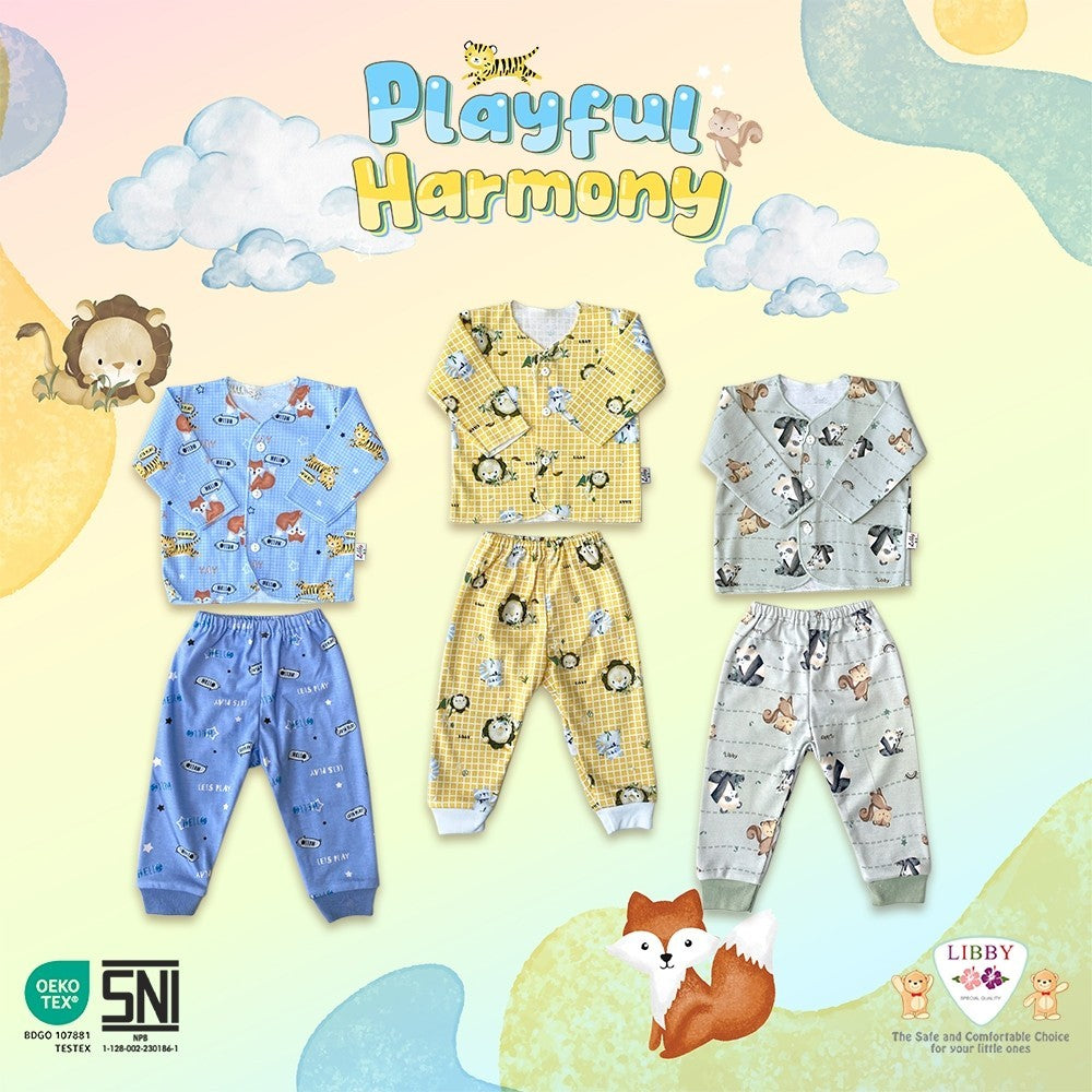 LIBBY Setelan Piyama Baju Kancing Newborn Laki Laki Perempuan Unisex Motif Playful Harmony (1 Stel)
