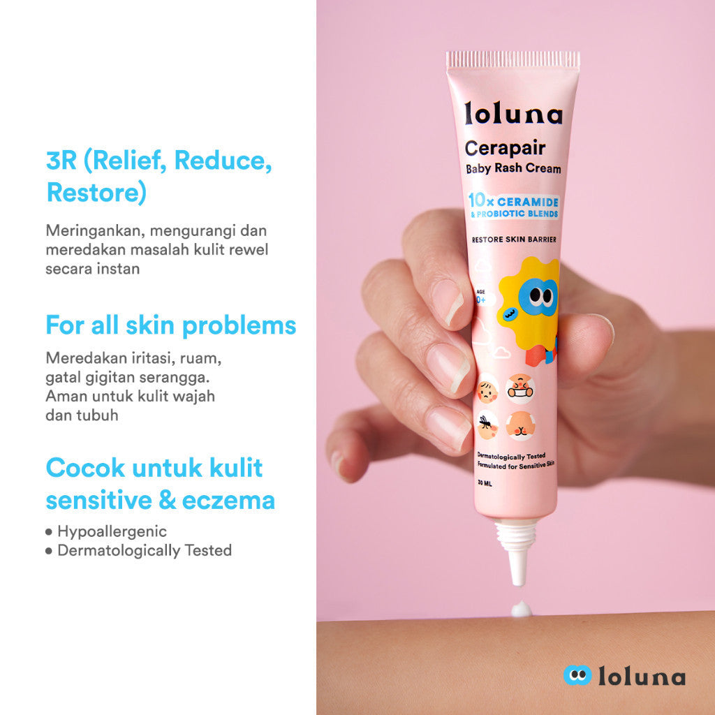 Loluna Cerapair Baby Rash Cream 30ml - Krim anti ruam, iritasi dan gatal gigitan serangga untuk bayi dan anak