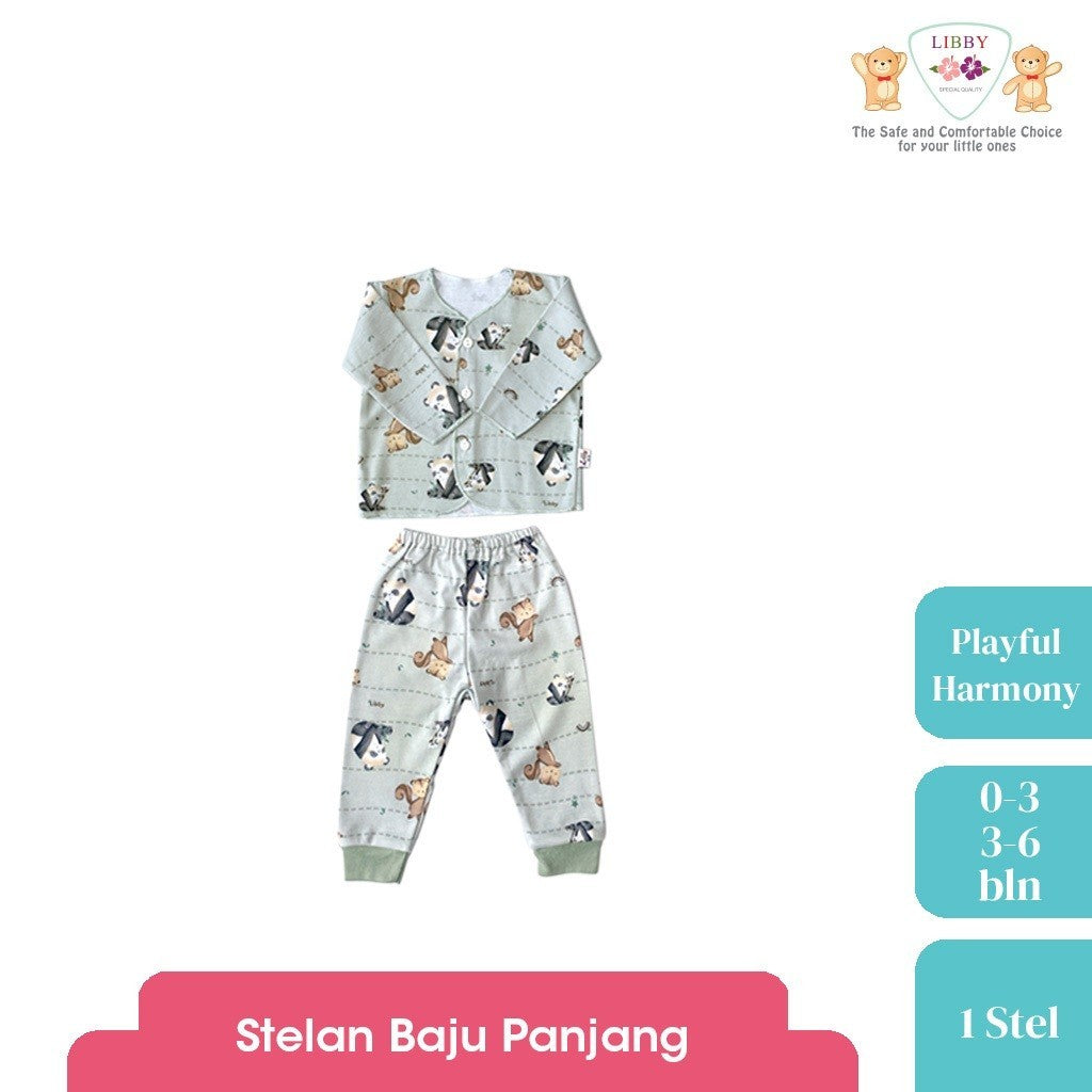 LIBBY Setelan Piyama Baju Kancing Newborn Laki Laki Perempuan Unisex Motif Playful Harmony (1 Stel)
