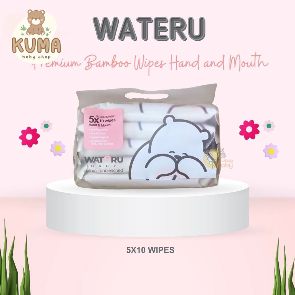 Wateru Premium Bamboo Wipes Hand and Mouth 5x10s | Tisu Basah Bayi