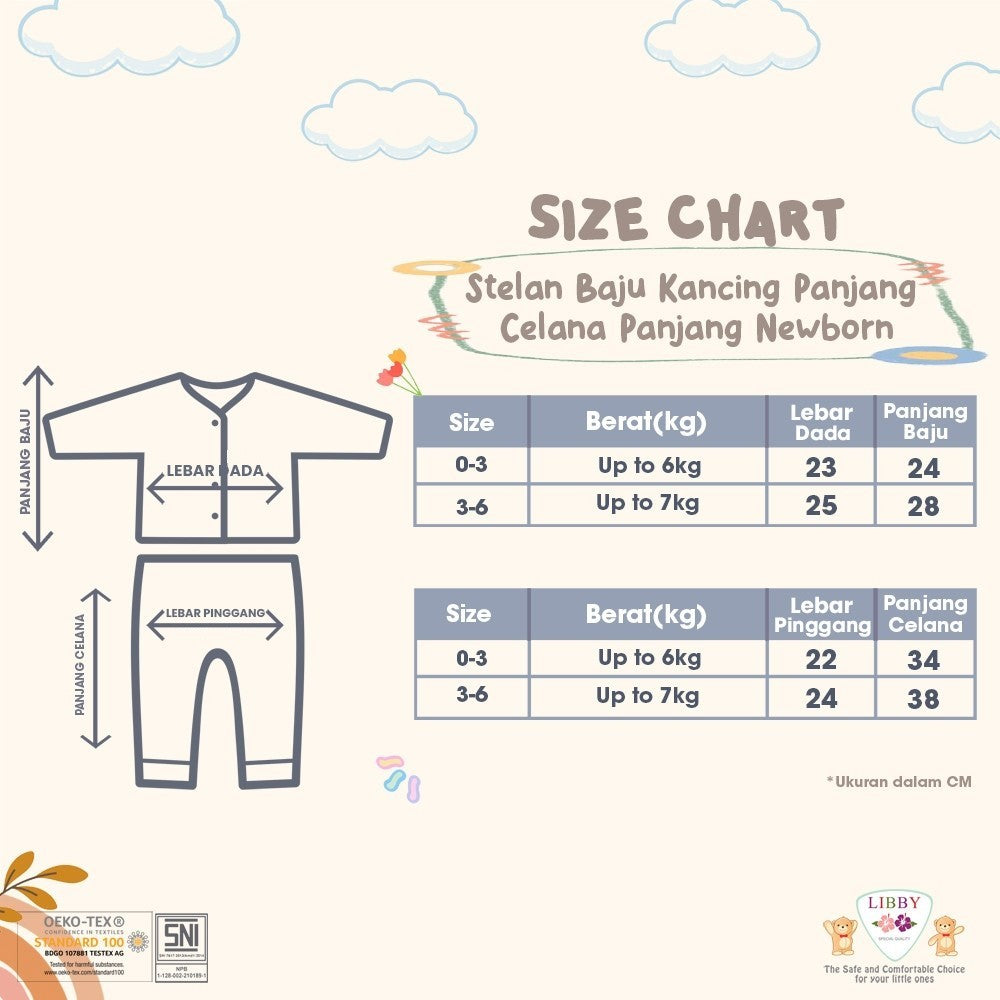 LIBBY Setelan Piyama Baju Kancing Newborn Laki Laki Perempuan Unisex Motif Playful Harmony (1 Stel)