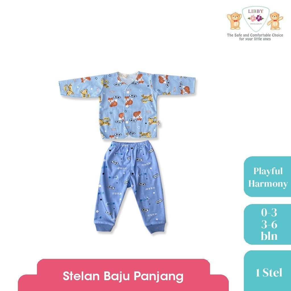 LIBBY Setelan Piyama Baju Kancing Newborn Laki Laki Perempuan Unisex Motif Playful Harmony (1 Stel)