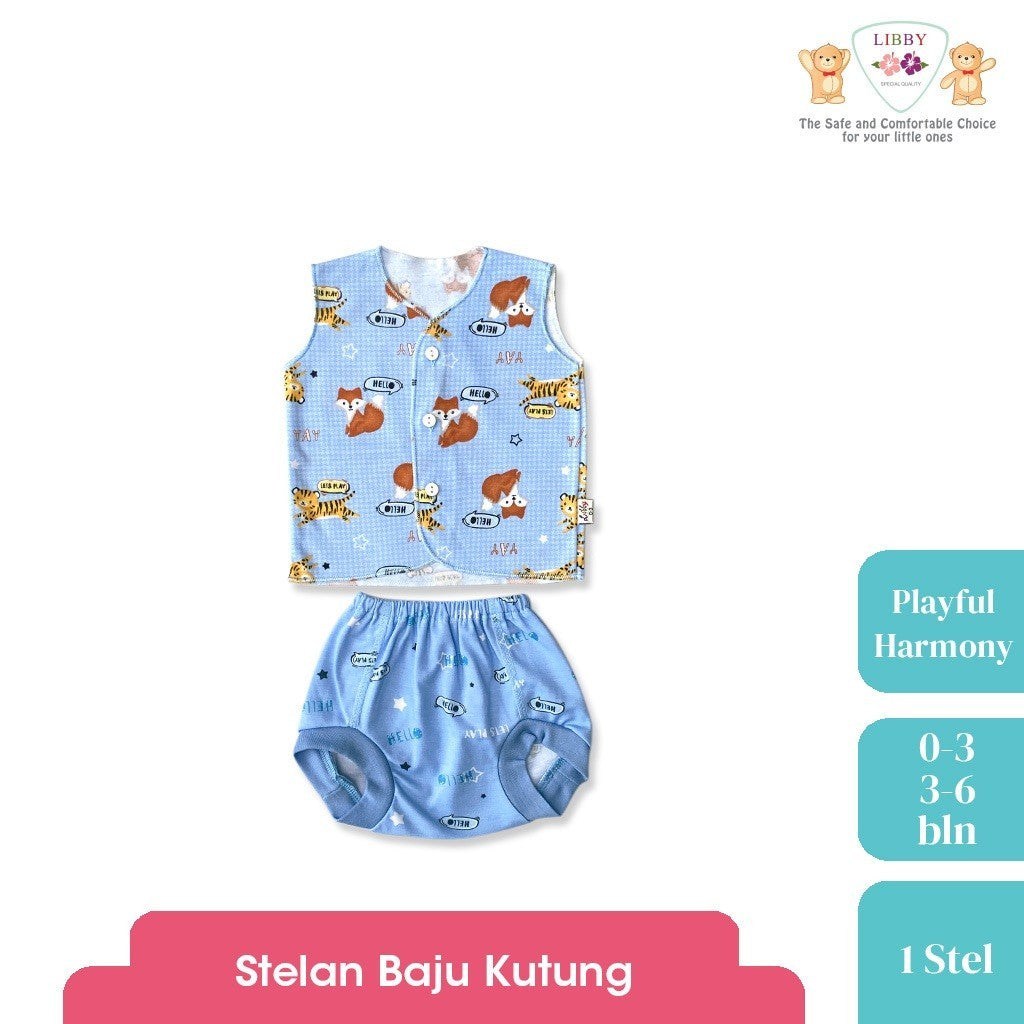 LIBBY Setelan Piyama Baju Kancing Newborn Laki Laki Perempuan Unisex Motif Playful Harmony (1 Stel)