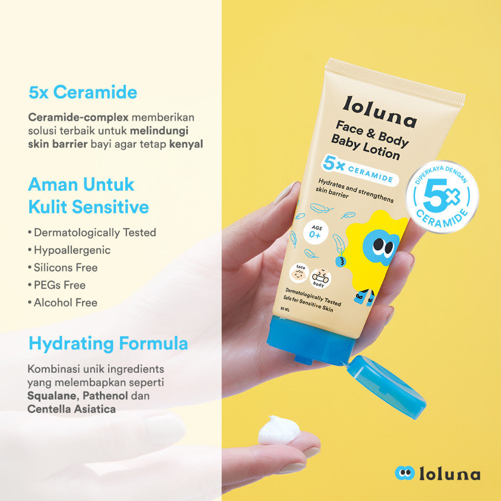 Loluna Face & Body Baby Lotion- Lotion Krim Muka dan Badan Bayi dan Anak / Krim untuk Newborn / 5x Ceramide