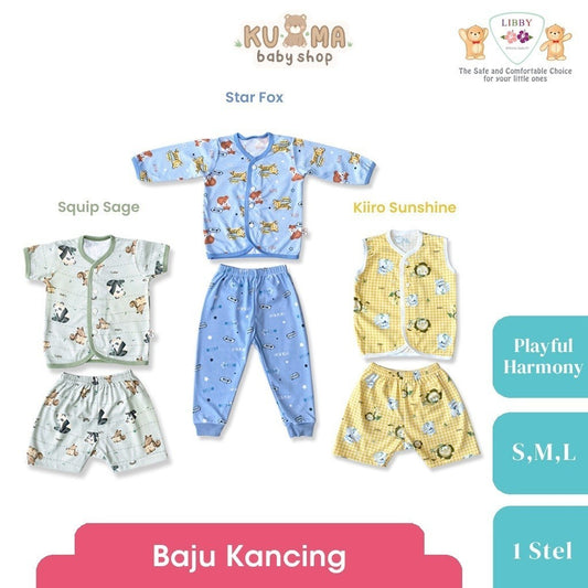LIBBY Setelan Piyama Baju Kancing Depan Anak Laki Laki Perempuan Motif Playful Harmony (1 Stel)