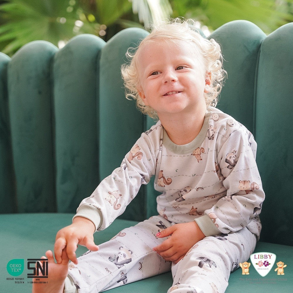 LIBBY Setelan Piyama Baju Kancing Newborn Laki Laki Perempuan Unisex Motif Playful Harmony (1 Stel)
