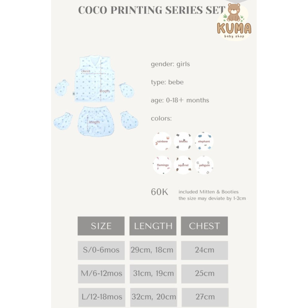Cocopop Baby COCO Printing Sleveless Button ( Baju Motif Kaos Katun ) Baju Set Bayi Tanpa Lengan