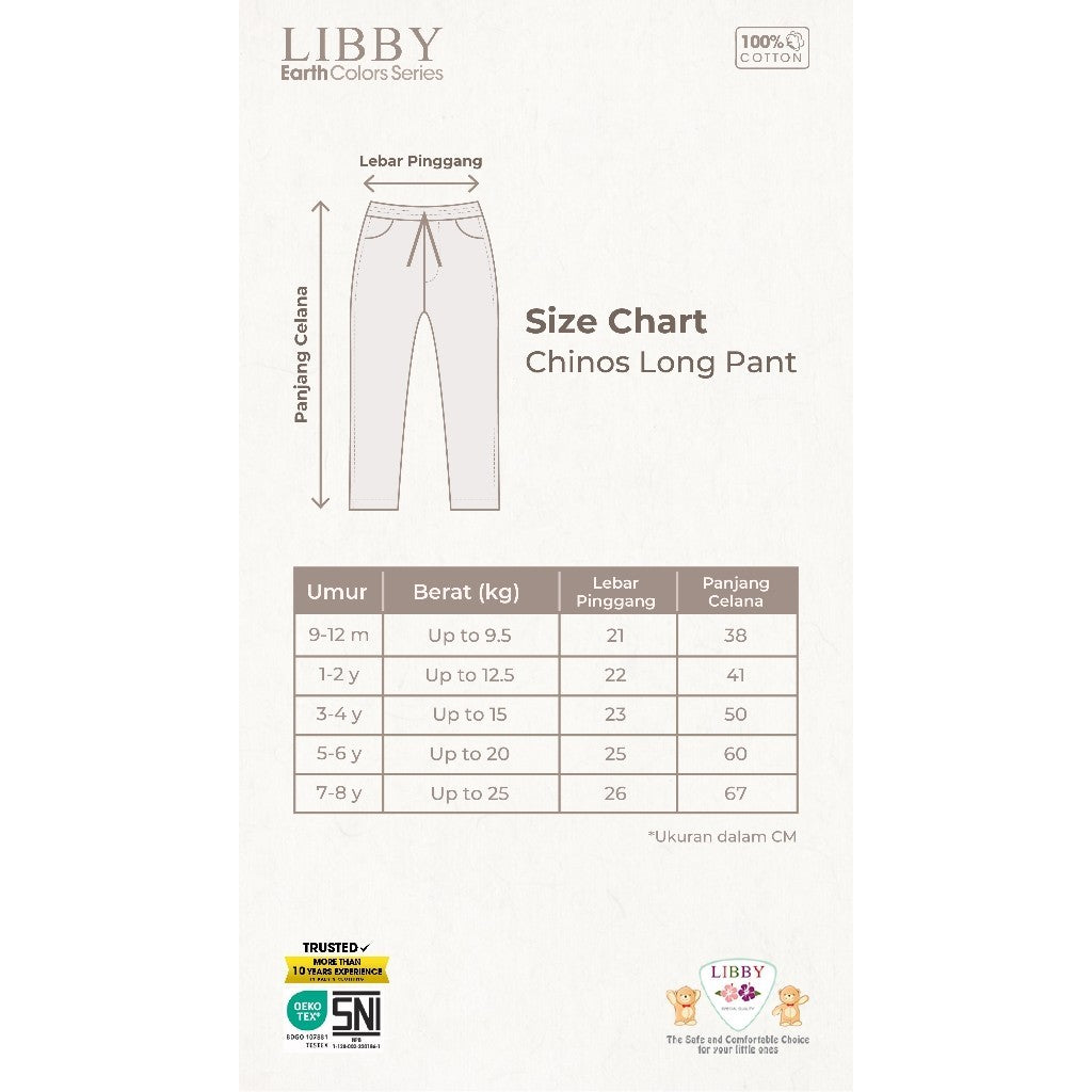 LIBBY Celana Panjang Anak Cowo Chinnos Celana Panjang Katun Polos Anak, Bayi & Anak Laki-laki Celana Chinos Panjang Boy Usia 9 Bulan - 4 Tahun Earth (1PCS)